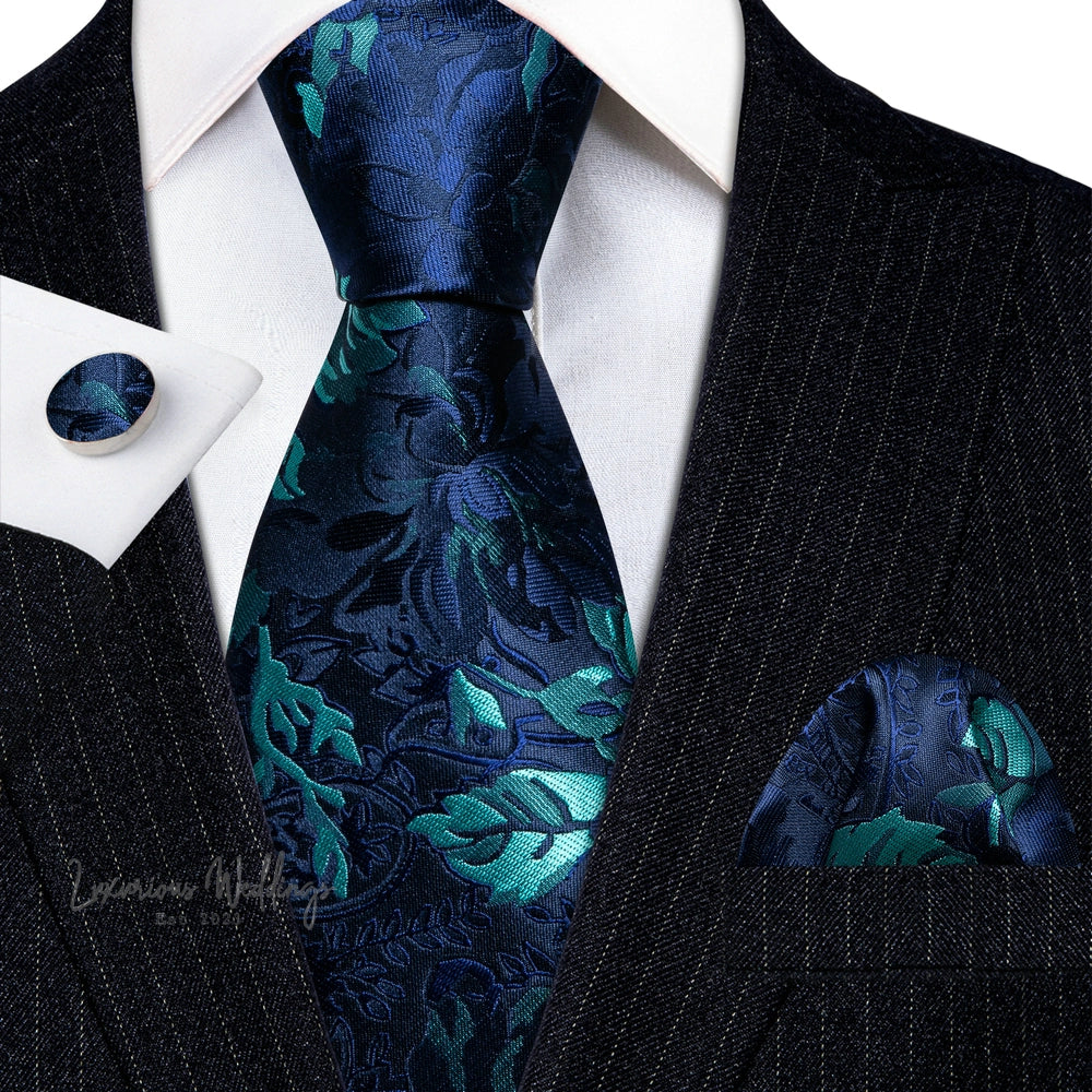 Barry·Wang Blue Green Teal Leaves Neck Tie Set By Luxurious
