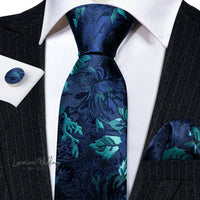 Barry·Wang Blue Green Teal Leaves Neck Tie Set By Luxurious
