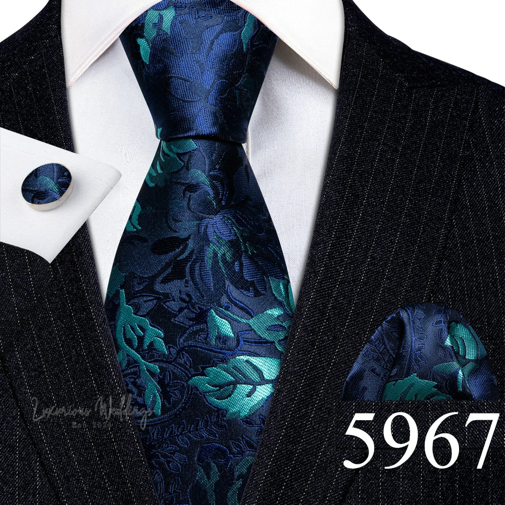 Barry·Wang Blue Green Teal Leaves Neck Tie Set By Luxurious Luxurious Weddings