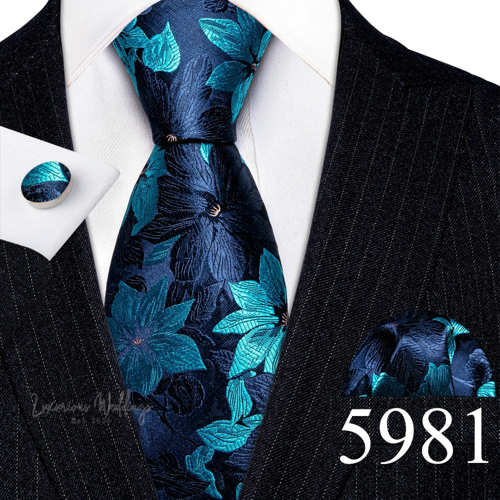 Barry·Wang Blue Green Teal Leaves Neck Tie Set By Luxurious Luxurious Weddings