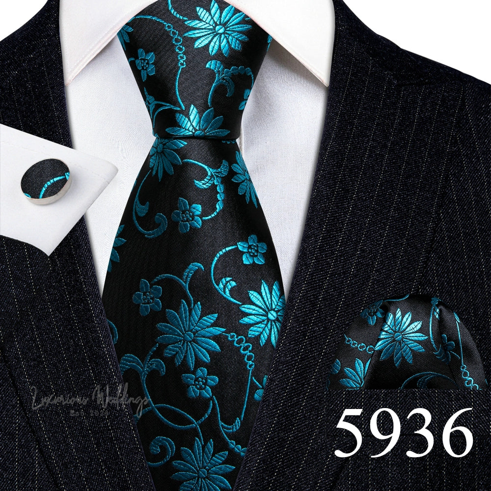 Barry·Wang Blue Green Teal Leaves Neck Tie Set By Luxurious Luxurious Weddings