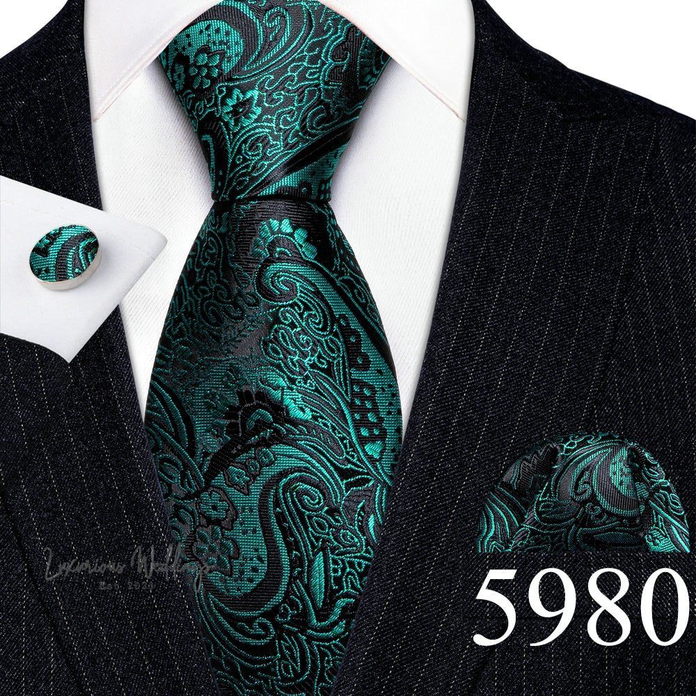 Barry·Wang Blue Green Teal Leaves Neck Tie Set By Luxurious Luxurious Weddings