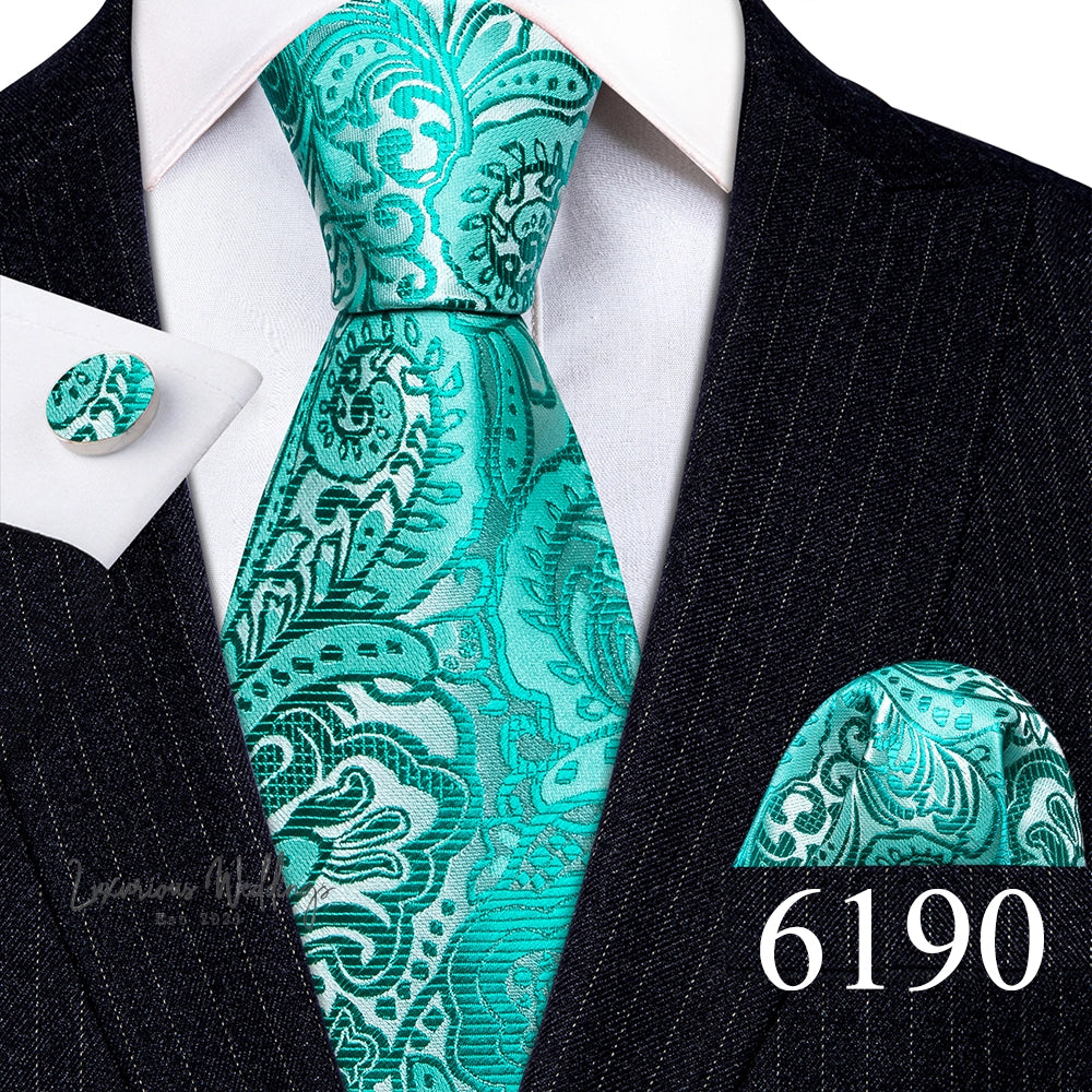 Barry·Wang Blue Green Teal Leaves Neck Tie Set By Luxurious Luxurious Weddings