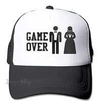 a black and white trucker hat with a game over design