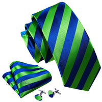 a green and blue tie, cufflinks, and cufflinks