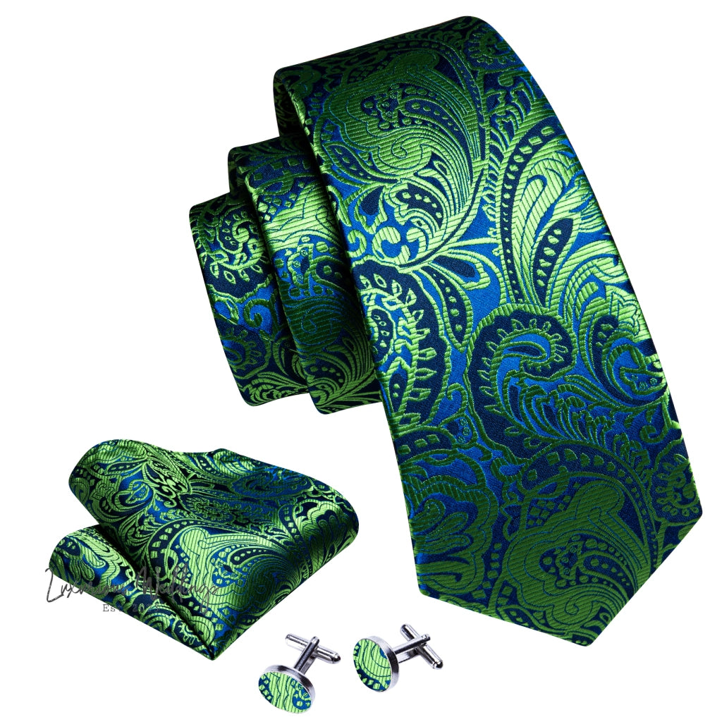 a tie, cufflinks, and cufflinks are shown