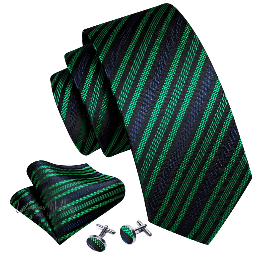 a green and black tie, cufflinks, and cufflinks