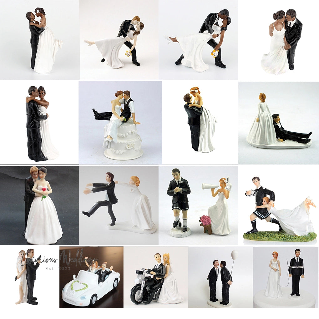 a collage of a bride and groom figurines