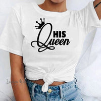 a woman wearing a t - shirt that says his queen