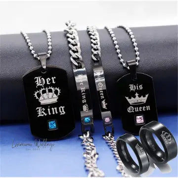Couple's Black Crystal Necklace Rings Set Couples Matching sets Luxurious Weddings