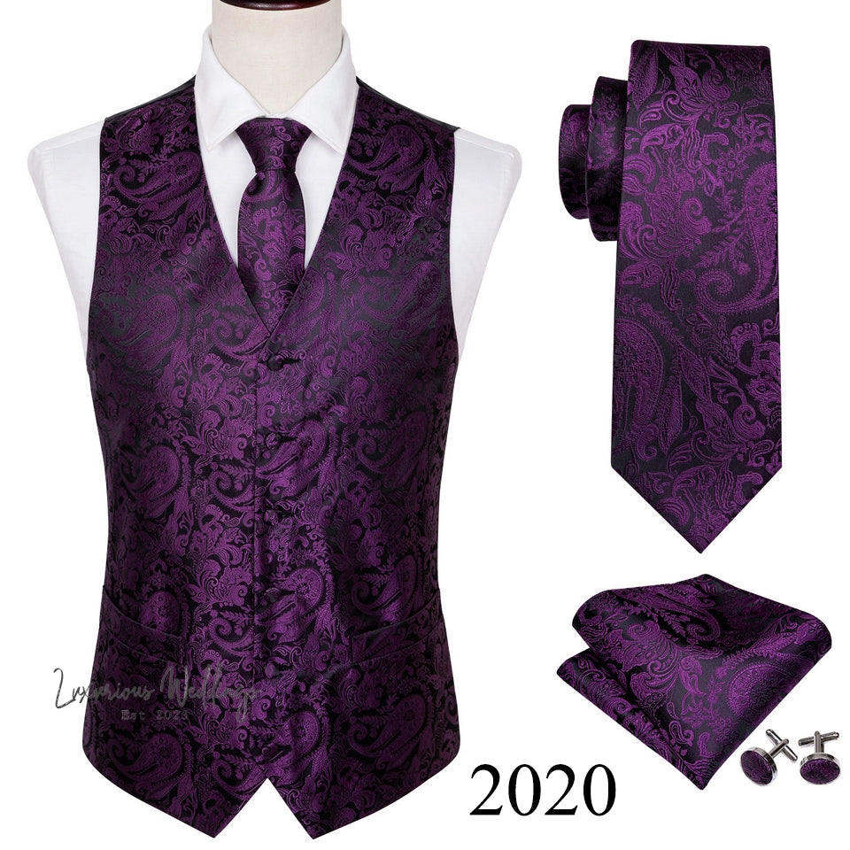 Slim Purple Paisley Silk Men's Vest Luxurious Weddings