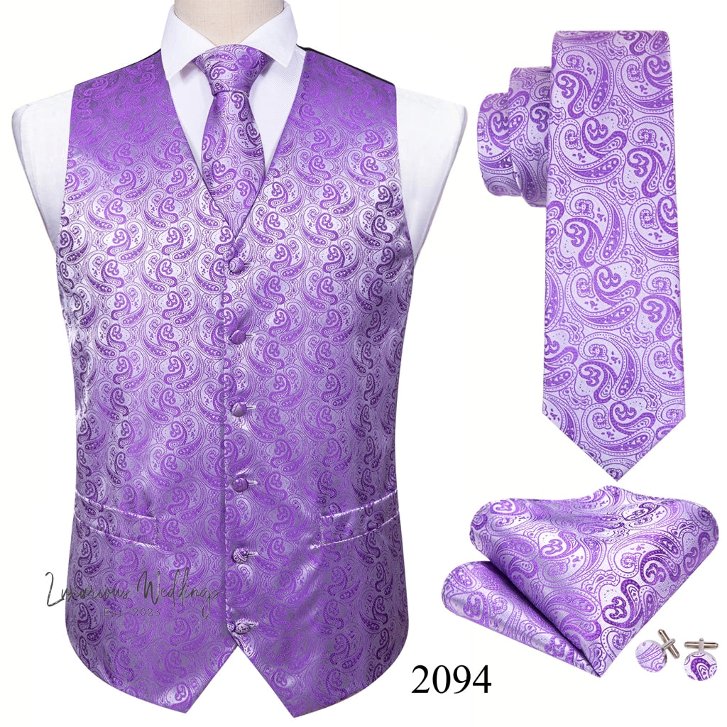 Slim Purple Paisley Silk Men's Vest Luxurious Weddings