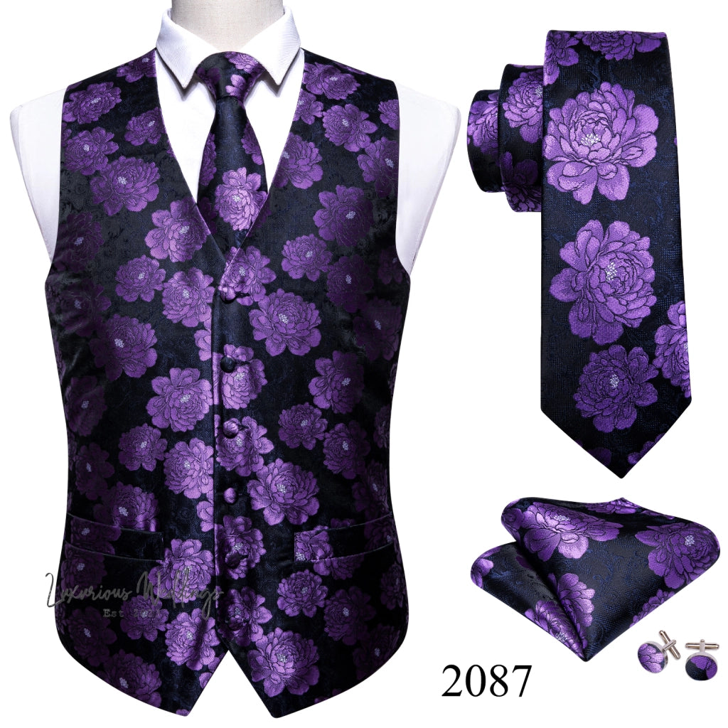 Slim Purple Paisley Silk Men's Vest Luxurious Weddings