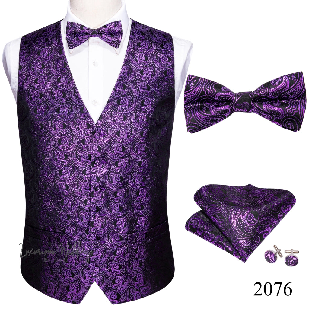 Slim Purple Paisley Silk Men's Vest Luxurious Weddings