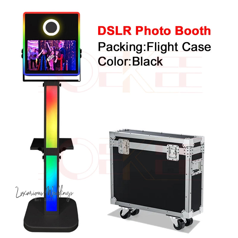 a photo booth with a colorful light and a black case