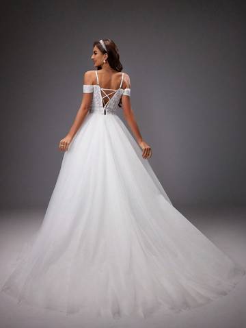 Off Shoulder Embroidered Sequin Mesh Wedding Dress