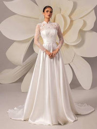 High-End Lace Embroidery Long Sleeve Satin Train Wedding Dress Luxurious Weddings