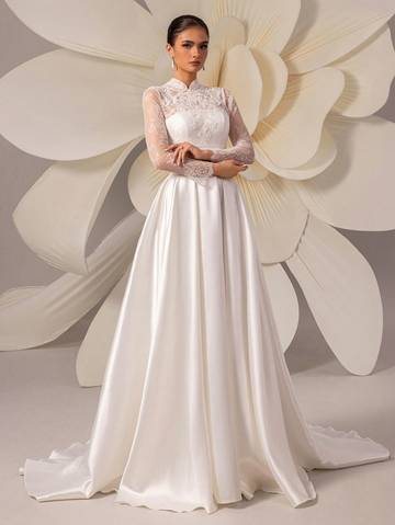 High-End Lace Embroidery Long Sleeve Satin Train Wedding Dress Luxurious Weddings