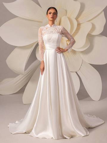 High-End Lace Embroidery Long Sleeve Satin Train Wedding Dress Luxurious Weddings