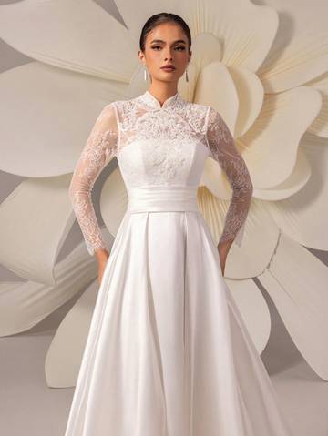 High-End Lace Embroidery Long Sleeve Satin Train Wedding Dress Luxurious Weddings