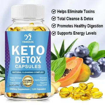 a bottle of keto detox capsules next to a pile of fruit