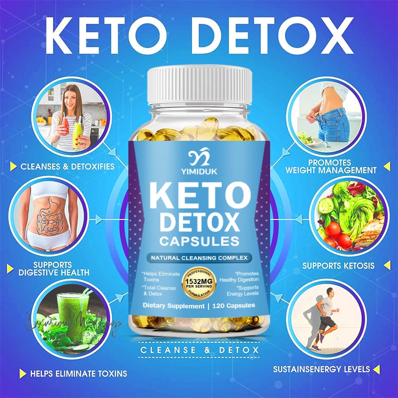 a bottle of keto detox capsules on a blue background