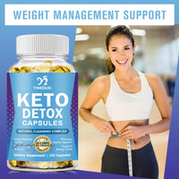 a woman holding a measuring tape and a bottle of keto detox capsules