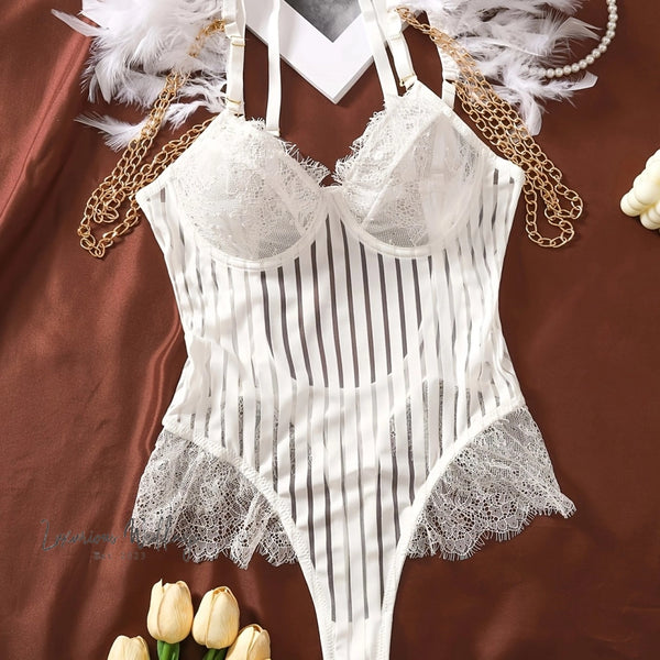 a white lingerie with white feathers on it