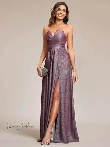 a woman in a long purple dress