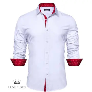 Luxury Silk Long Sleeve Men's Shirt - Slim Fit White with Red Patch