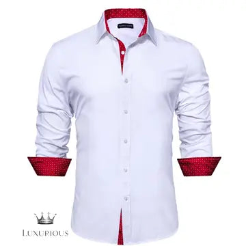Luxury Silk Long Sleeve Men's Shirt - Slim Fit White with Red Patch Silk Sleeve Shirt Luxurious Weddings