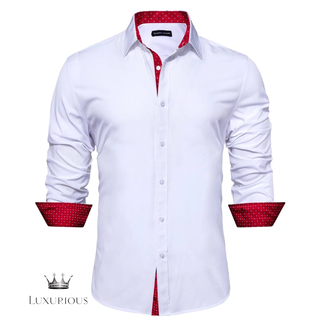 Luxury Silk Long Sleeve Men's Shirt - Slim Fit White with Red Patch