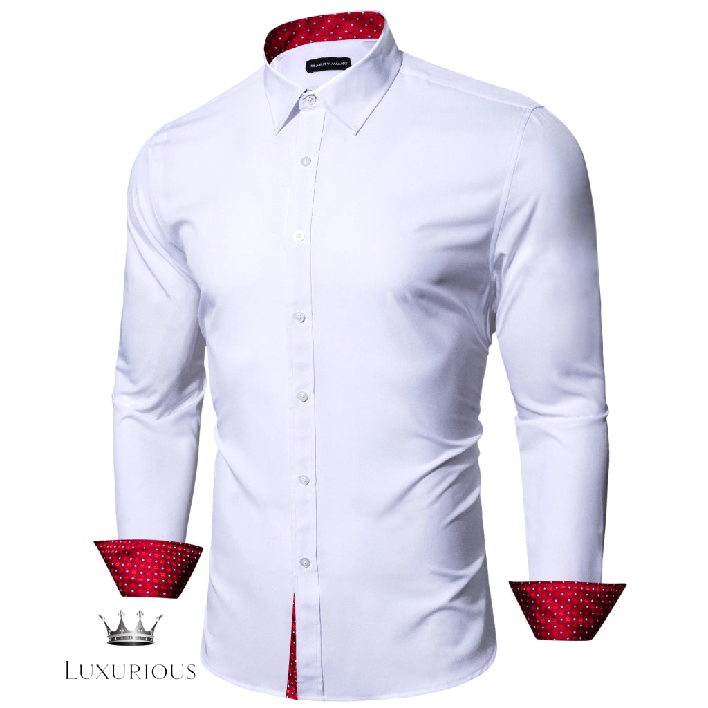 Luxury Silk Long Sleeve Men's Shirt - Slim Fit White with Red Patch