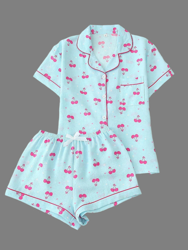 Adorable Women's Cherry Print Pajama Set sleepwear Luxurious Weddings