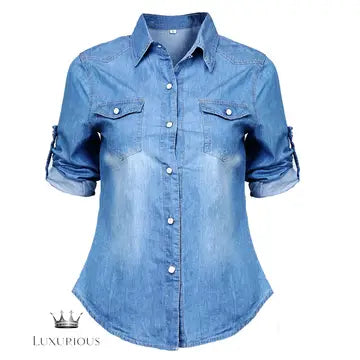 Denim Long Sleeve Shirt Tops - Blue Jean Blouse Luxurious Weddings