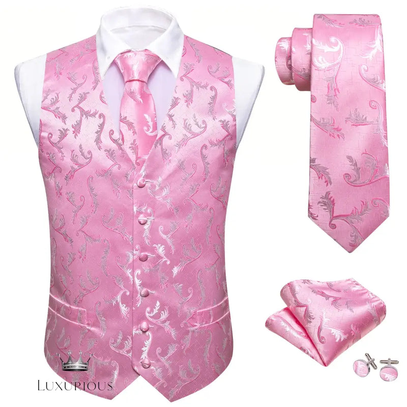 Pink Rose Salmon Silk Men Vest Tie Set Luxurious Weddings