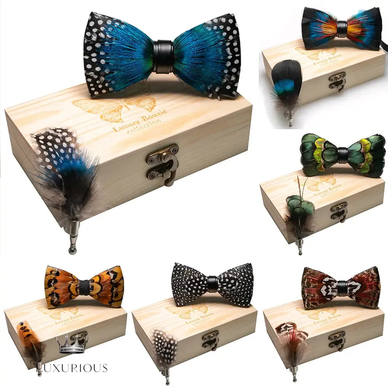 Handmade Luxury Feather Bow Tie Gift Set + Box Bow Tie Luxurious Weddings