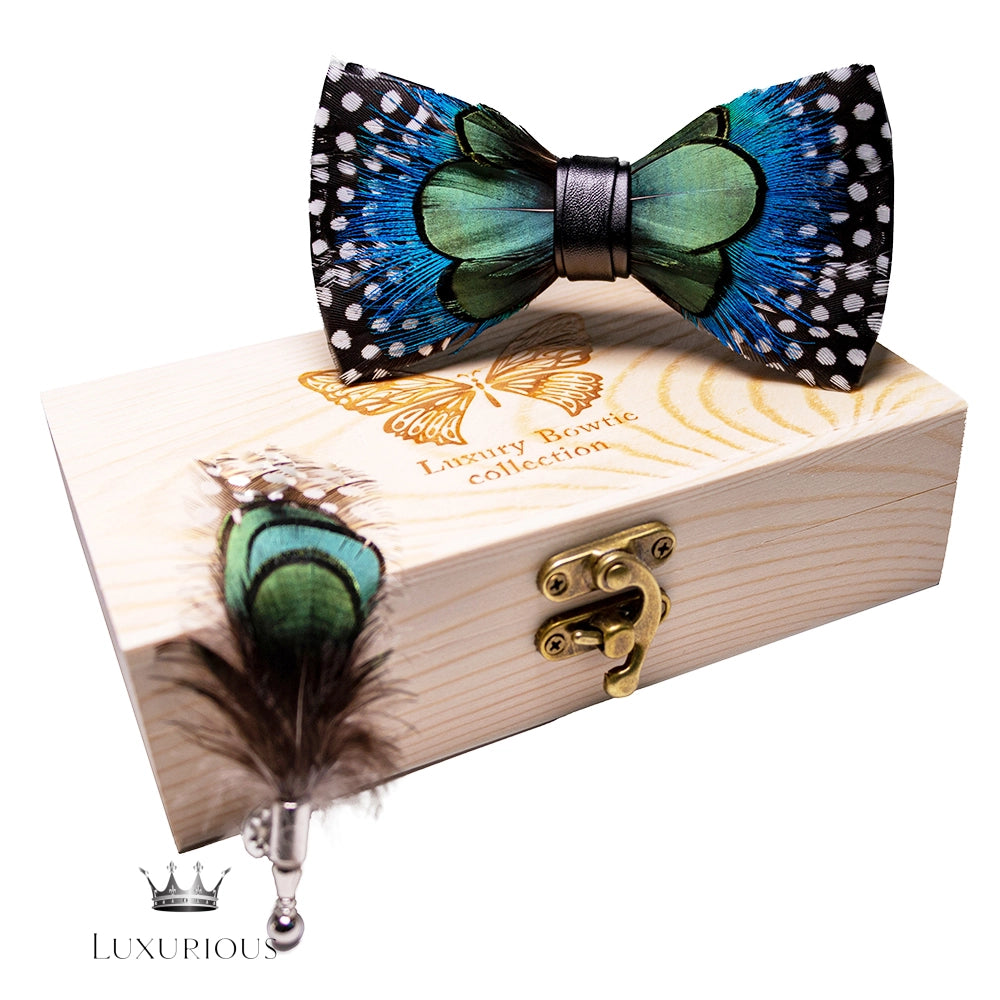 Handmade Luxury Feather Bow Tie Gift Set + Box Luxurious Weddings