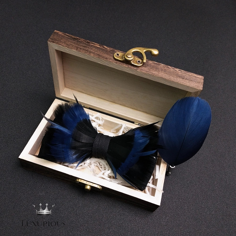 Elegant Handmade Blue Feather Bow Ties for Men Luxurious Weddings