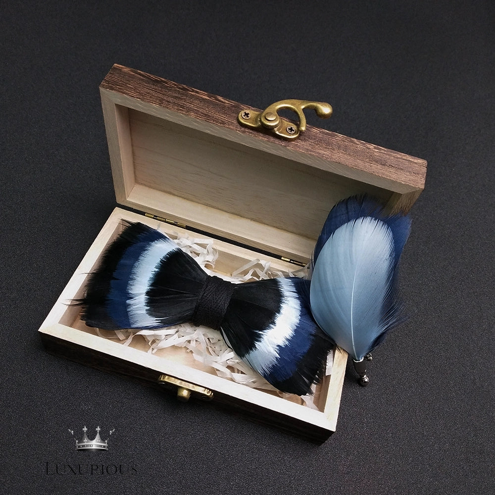 Elegant Handmade Blue Feather Bow Ties for Men Luxurious Weddings