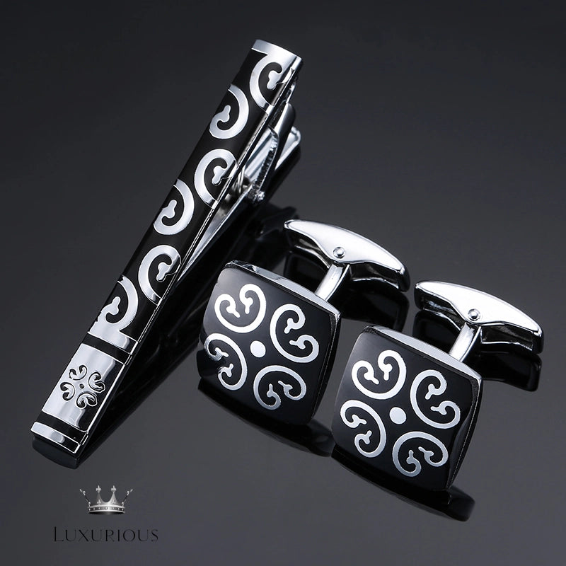 Elegant Black Enamel Flower Tie Clip Cufflink Set