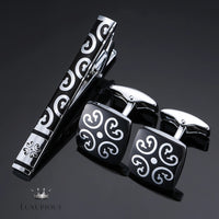 Elegant Black Enamel Flower Tie Clip Cufflink Set Luxurious Weddings