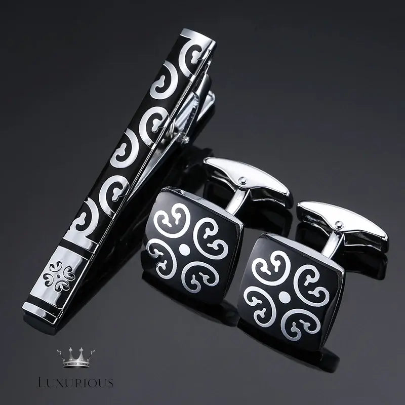 Elegant Black Enamel Flower Tie Clip Cufflink Set Cufflinks Luxurious Weddings