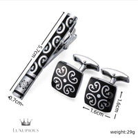 Elegant Black Enamel Flower Tie Clip Cufflink Set