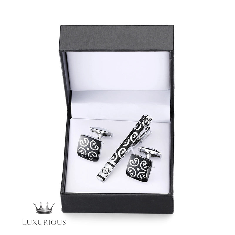 Elegant Black Enamel Flower Tie Clip Cufflink Set