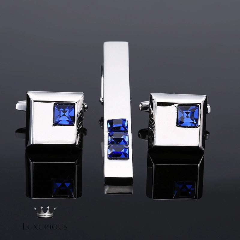 Men's Copper Tie Clip Cufflink Set with Blue Crystals Cufflinks Luxurious Weddings