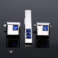 Men's Copper Tie Clip Cufflink Set with Blue Crystals Luxurious Weddings