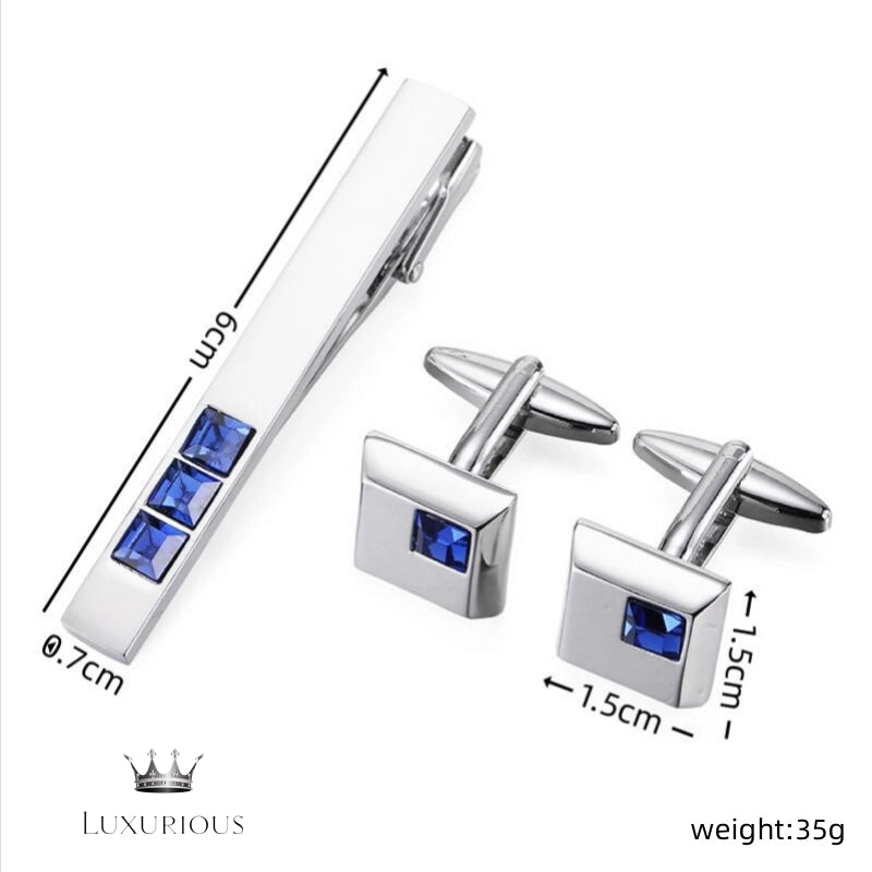 Men's Copper Tie Clip Cufflink Set with Blue Crystals Cufflinks Luxurious Weddings