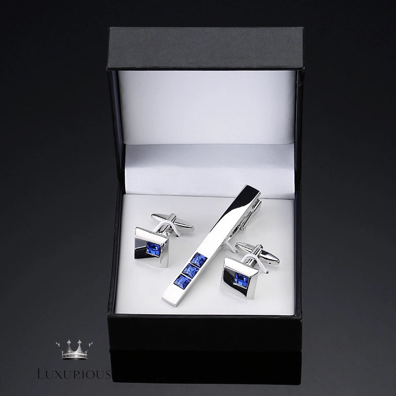 Men's Copper Tie Clip Cufflink Set with Blue Crystals