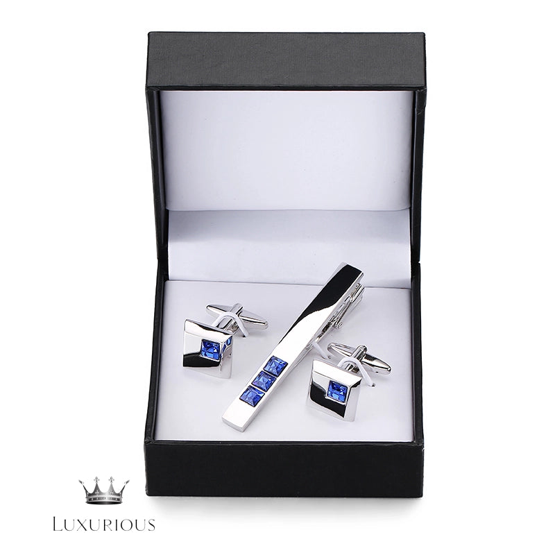 Men's Copper Tie Clip Cufflink Set with Blue Crystals Luxurious Weddings